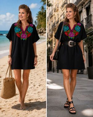 Mexican Embroidered Floral Tunic Dress Women XL Black Boho beachy Fiesta Huipil
